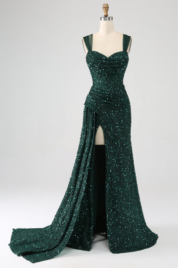 Vestido de fiesta largo plisado de lentejuelas brillantes con abertura en el muslo verde oscuro